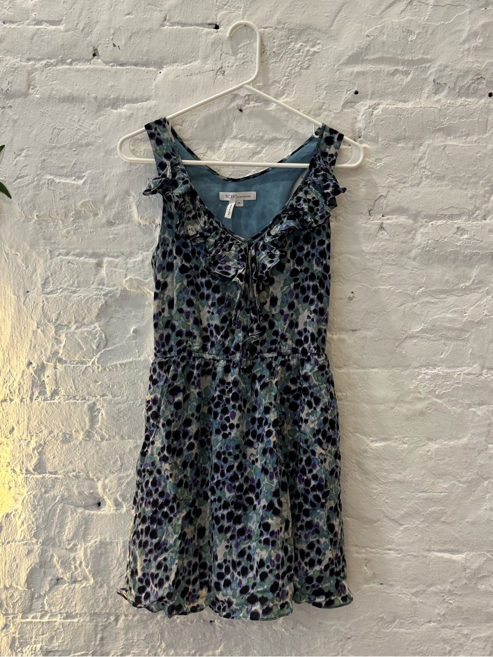BCBGeneration Blue and Purple Floral Ruffle Tie-Front Mini Dress